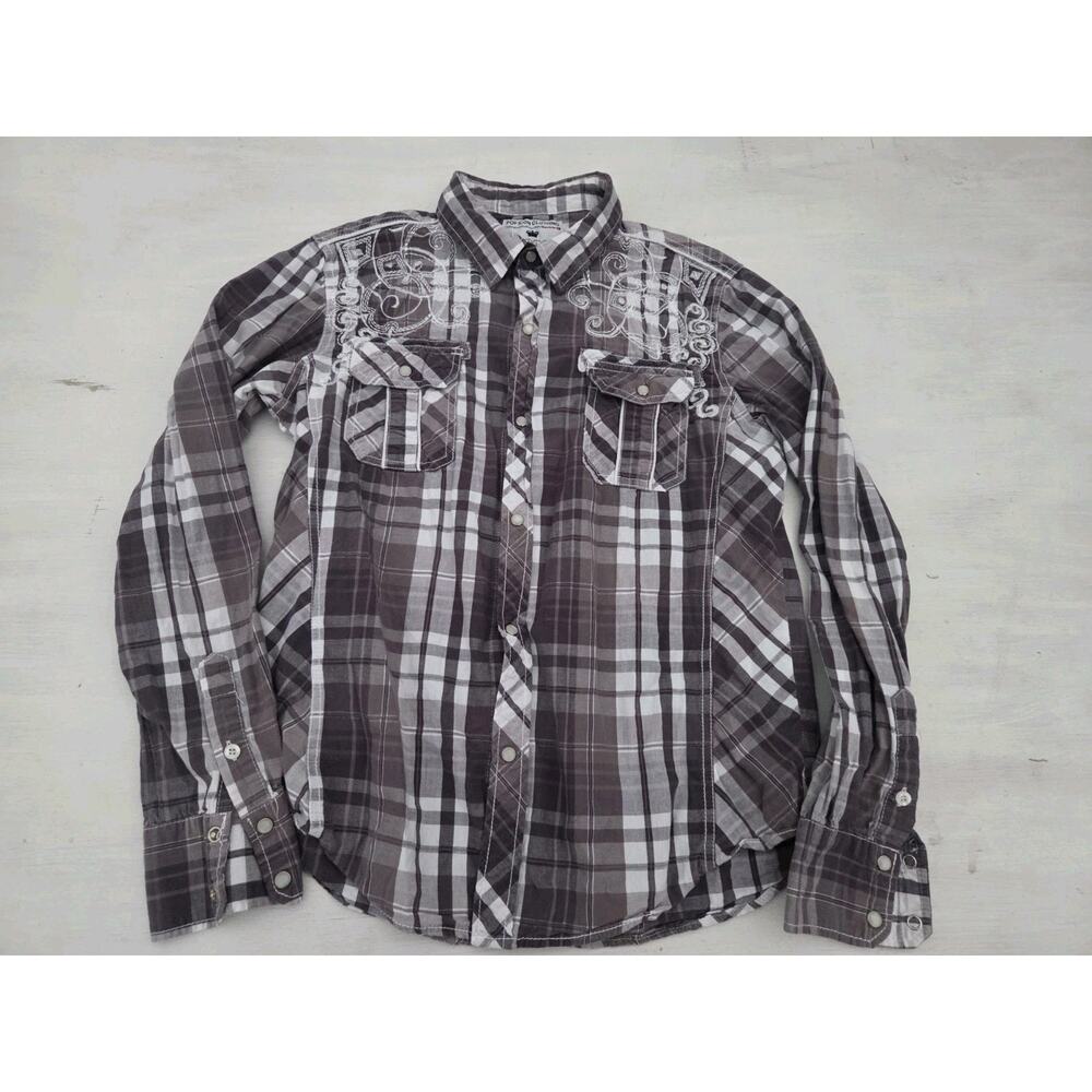 Pop Icon Western Shirt Gray White Pearl Snaps Embroidery Mens Size L Long Sleeve